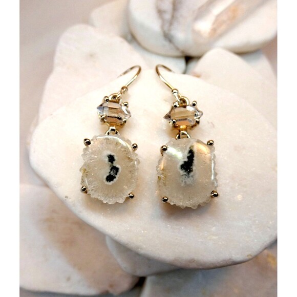 Solar Eye Quartz Water Clear Herkimer Diamond Sterling Silver Dangle Earrings - Picture 3 of 8